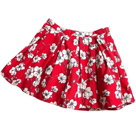 Forever 21 Pleated Circle Skirt Hibiscus Print Red Flawed 25 - Picture 7 of 8